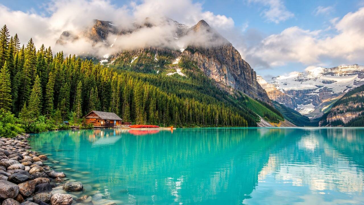 Lake Louise and its iconic red canoes