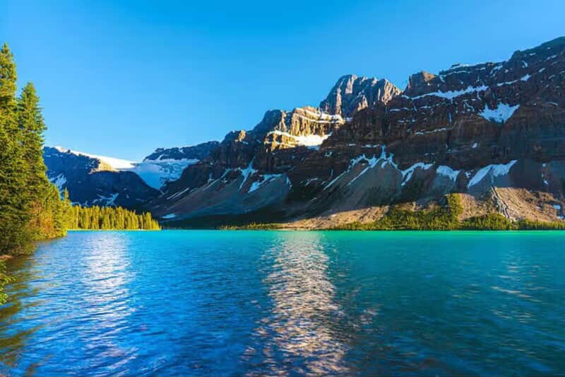 Bow Lake surrounded by Rocky Mountain peaks